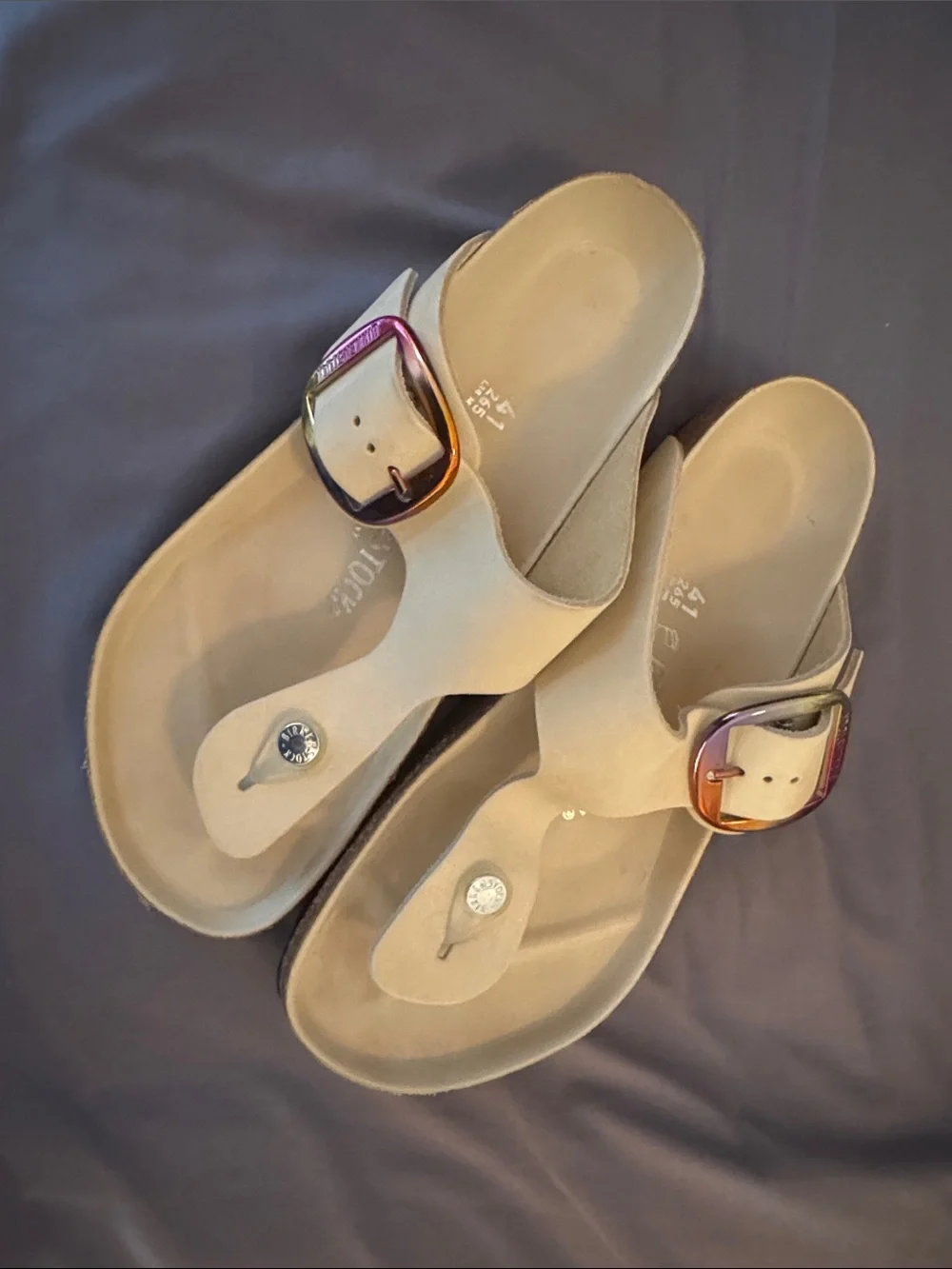 Birkenstock Cream Toe-Post Sandals with Iridescent Buckles size 41